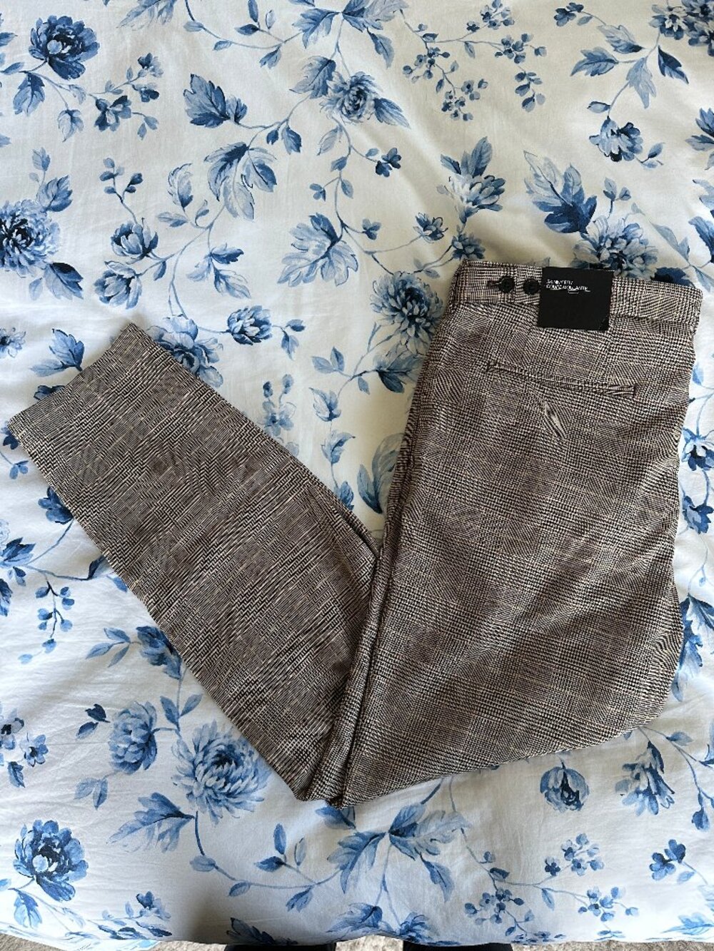 H&M Glen Check Trousers Men's 36 Beige Plaid Side Tab Dress Pants
